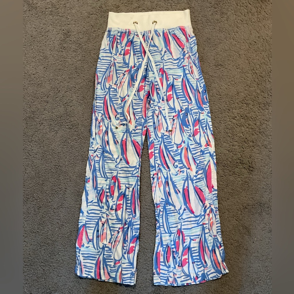 Lily Pulitzer The Beach Pants 100% Linen Blue Boats Boating Relaxed Fit sz XS - Picture 4 of 8